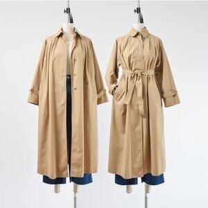 Vintage 70s Tan Trench Coat Full Length Swing Jacket with Tie Belt size S M